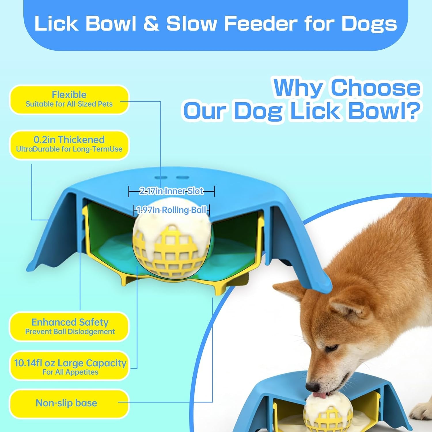 Slow Feeder Dog Bowl, Interactive Lick & Roll Design, Anti-Choking & Anxiety Relief 1.25 Cup, Non-Slip Liquid Food Bowl for Puppies, Senior Dogs, Small Medium Large Dogs (1, Blue)