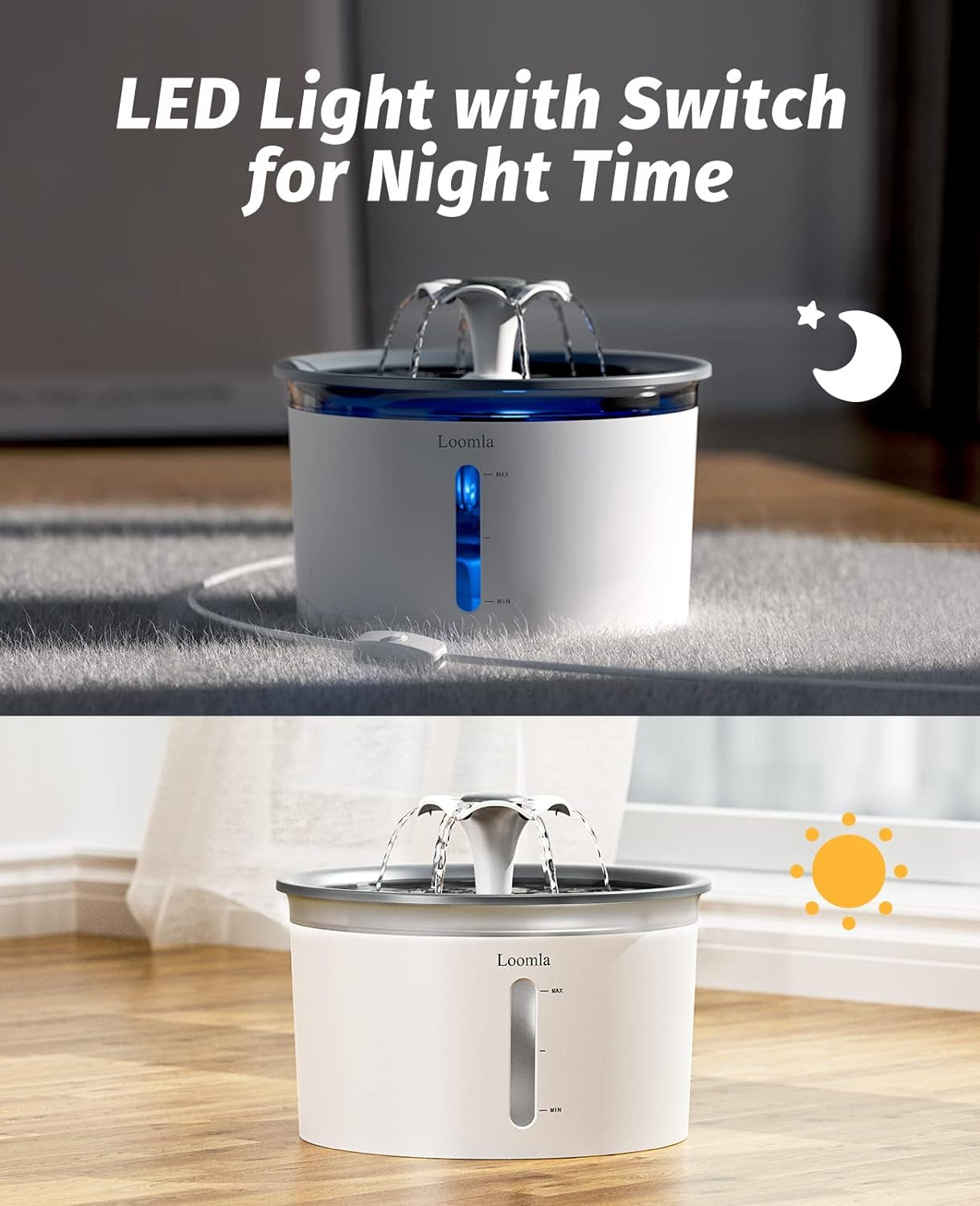 Pet Water Fountain, 85Oz/2.5L Automatic Water Dispenser with Switchable LED Lights, 2 Replacement Filters